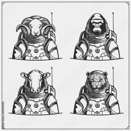 Space and astronaut emblems, labels and design elements. Ram, gorilla, cow and leopard in a space suit. Print design for t-shirt. Monochrome design. 