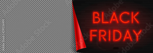 Black Friday sale promo background. Black Friday web banner with place for promotion goods. Modern neon red billboard on brick wall. Advertising for seasonal offer with neon text. Vector illustration.