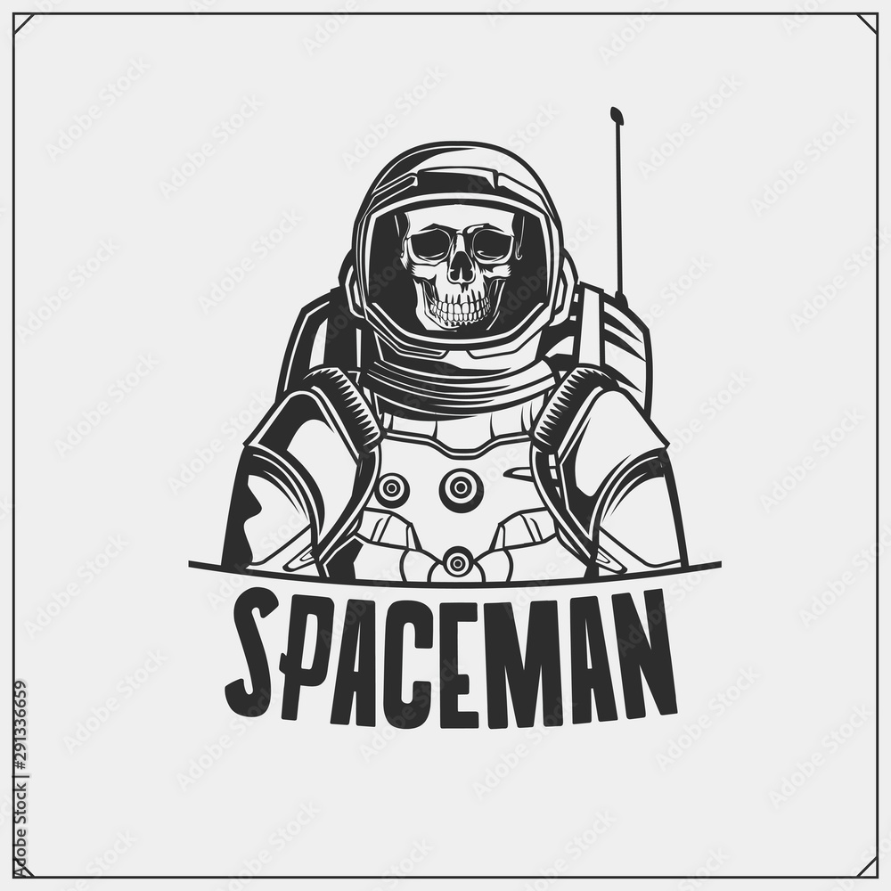 Skull astronaut in a space suit. Space emblem. Monochrome design. Skull astronaut in a space suit. Space emblem. Monochrome design.