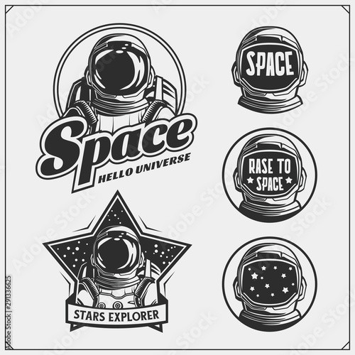 Space and astronaut emblems, labels and design elements. Vintage style. Monochrome design.