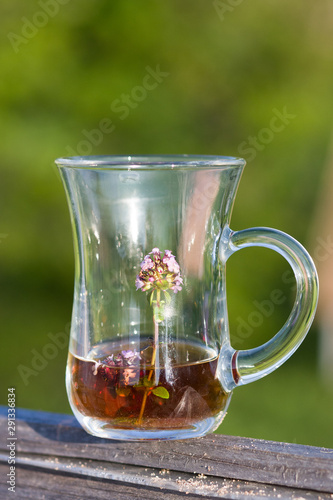 Cup of hot herbal tea with thyme herbs in summer.