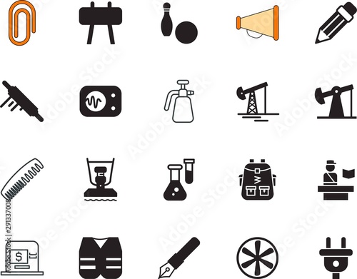 equipment vector icon set such as: pesticides, clamp, loan, hairstyle, ink, mail, care, creative, pharmacy, waveform, vest, minimal, job, machinery, graphite, objects, service, atm, message, sprayer