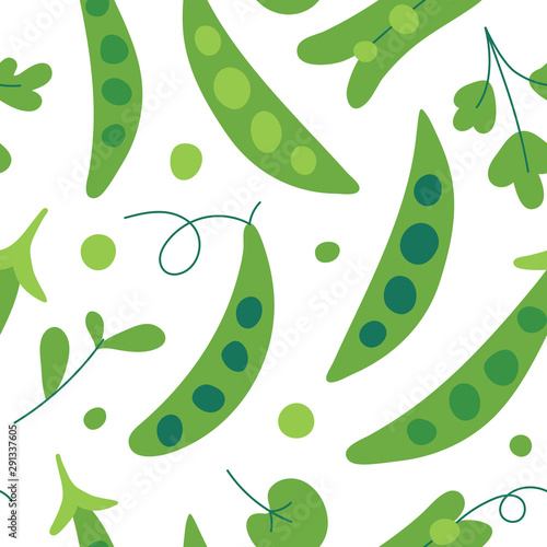 Seamless vector pattern with fresh sweet organic green pea with leaves and herb. Backdrop with tasty vegetable ingredient. Colorful cartoon illustration for fabric print, kitchen textile, menu cover.