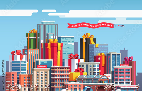 Merry Christmas and New Year themed cityscape