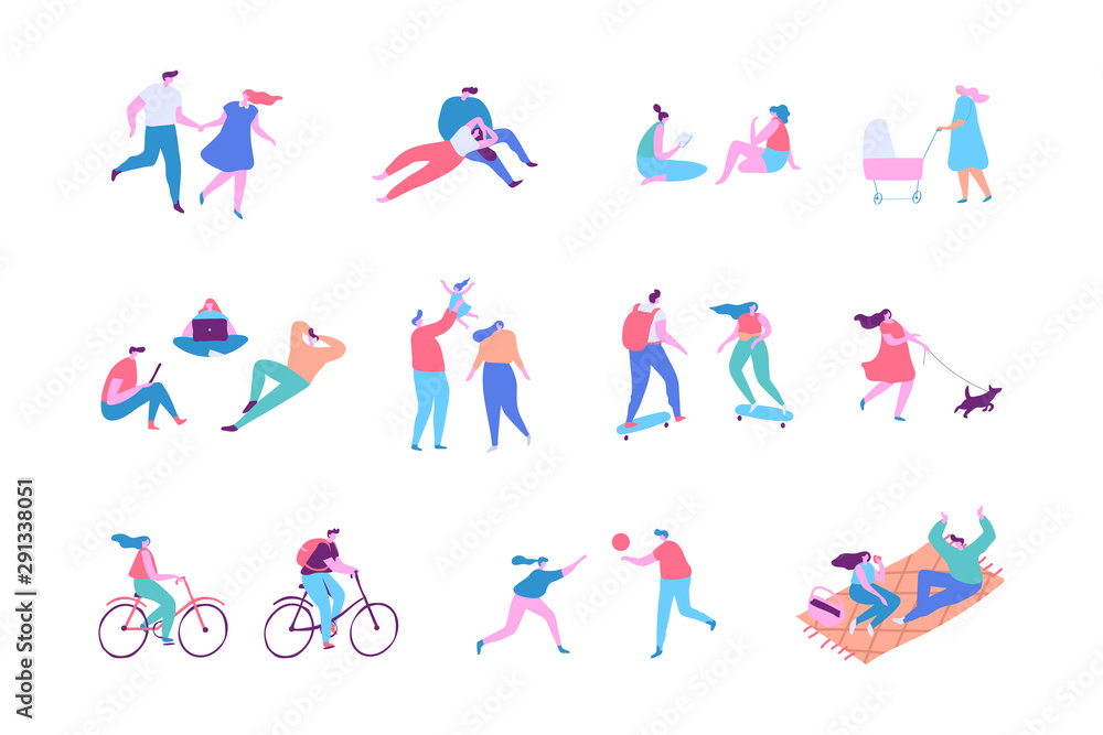 People Outdoor activities - walking with dog, cycling, skateboarding, jogging, picnic. Crowd of people. Various People vector set.  Male and female flat characters isolated on white background.	