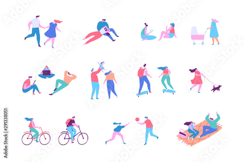 People Outdoor activities - walking with dog, cycling, skateboarding, jogging, picnic. Crowd of people. Various People vector set. Male and female flat characters isolated on white background. 