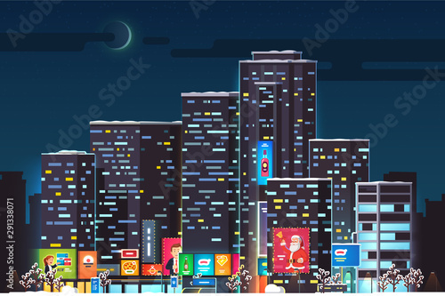 New Year evening, night moon skyscrapers cityscape