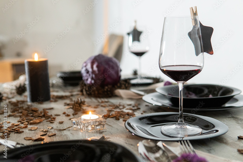 Beautiful table setting with lavender flowers on wooden background