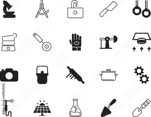 equipment vector icon set such as: technique, panels, label, sunlight, agriculture, photo, caliper, drawing, camera, worker, creative, chemical, renewable, yellow, washbasin, eat, ceramic, wash, cell