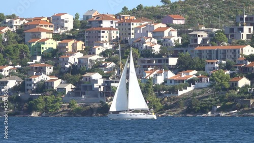 SEGET DONJI, CROATIA-September 2019: yacht is sailing along the island in the Adriatic Sea.