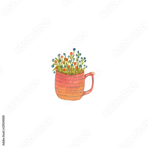 Fototapeta Naklejka Na Ścianę i Meble -  Watercolor illustration of a striped cup with flowers painted by watercolor in hand and is perfect for all types of design and printing.