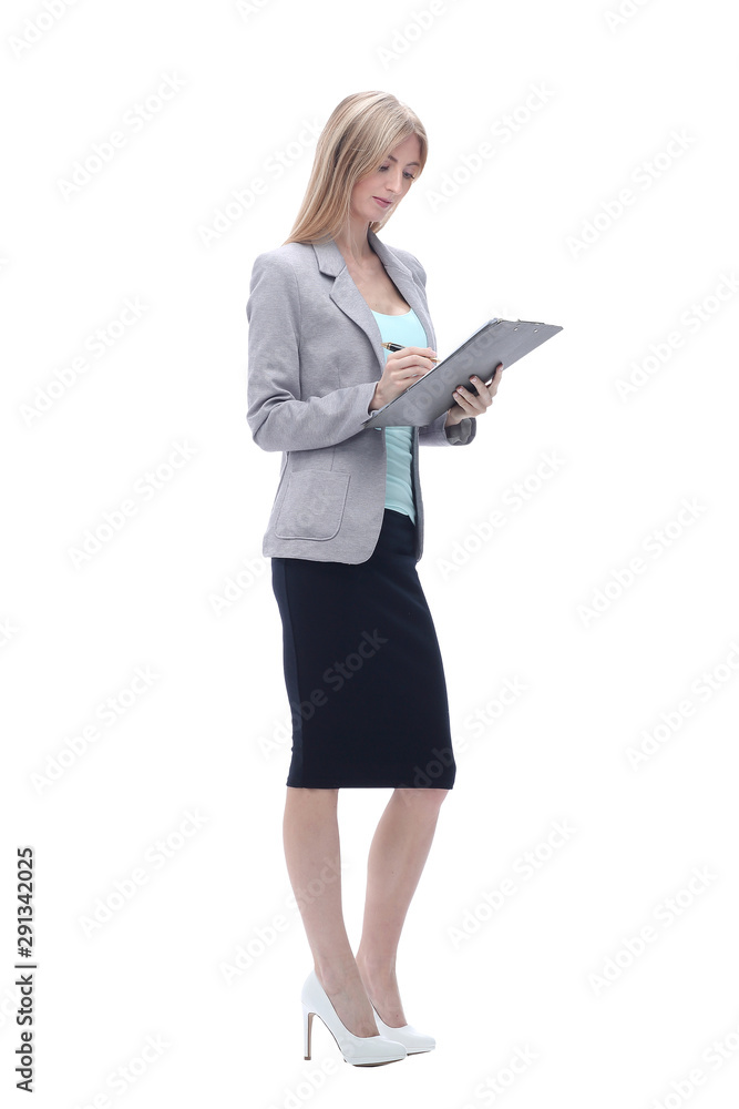 Executive business woman with clipboard .isolated on white Executive business woman with clipboard .isolated on white