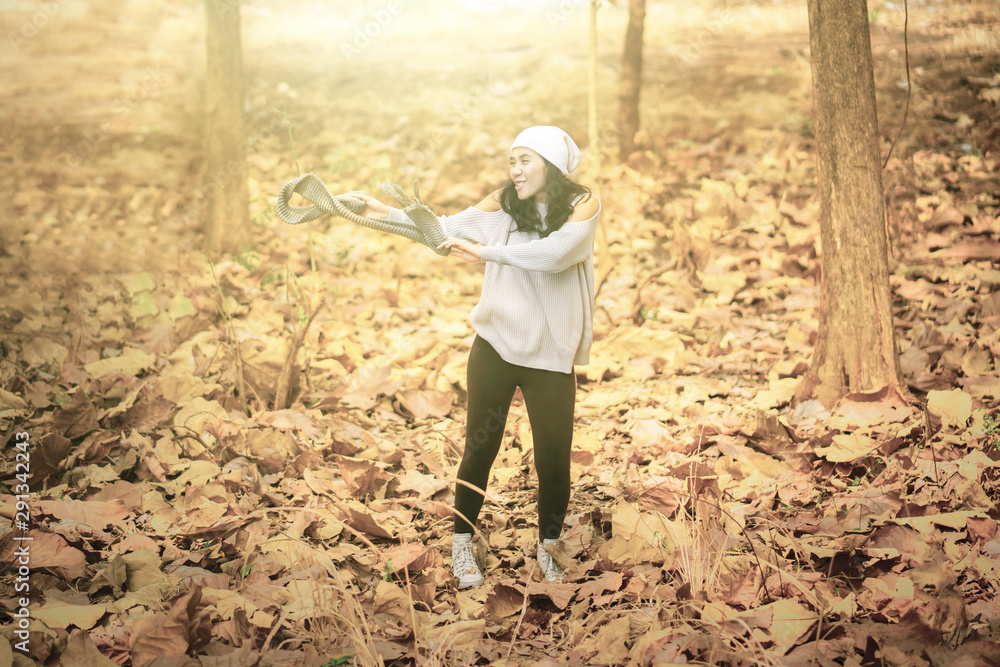 Young woman dancing with dried autumn foliage Young woman dancing with dried autumn foliage