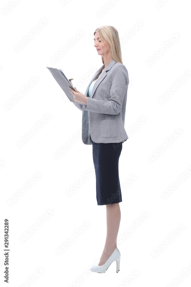 Executive business woman with clipboard .isolated on white Executive business woman with clipboard .isolated on white