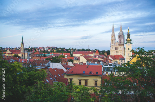 panoramic view of Zagreb with main church and red roofs Croatia 