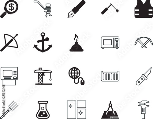 equipment vector icon set such as: rescue, quill, find, terminal, brazing, ecommerce, zoom, projectile, macro, round, cleaning, cross, ink, nautical, communication, jacket, draft, experiment