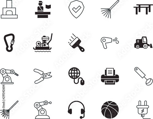 equipment vector icon set such as: prune, trimming, hairdresser, digger, game, office, simplicity, excavator, rubber, portable, sphere, around, cord, map, plaster, palette, navigation, audio, pruner