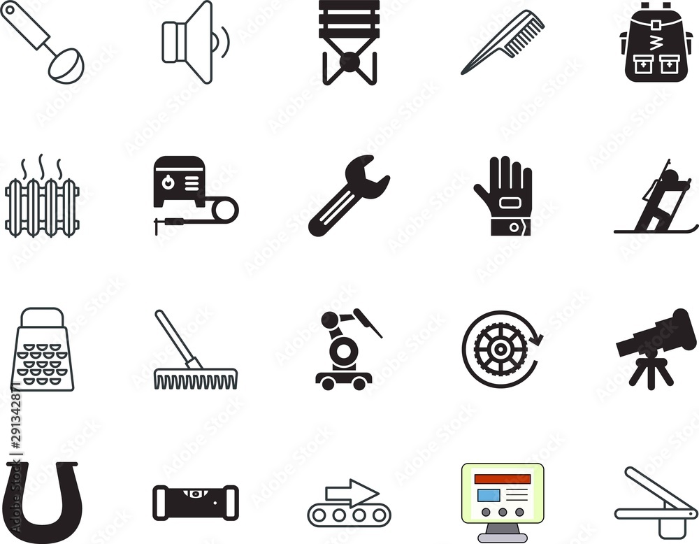equipment vector icon set such as: abstract, automation, planetarium, spyglass, hair, slicer, volume, ladle, collection, game, ireland, freshness, gear, drawing, metallic, poly, athlete, cargo