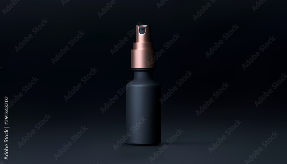 Elegant cosmetic spray for skin care on black background. Realistic vector 3d black and gold matte cosmetic spray mock up. Beautiful cosmetic template for ads. Makeup products brand. Elegant cosmetic spray for skin care on black background. Realistic vector 3d black and gold matte cosmetic spray mock up. Beautiful cosmetic template for ads. Makeup products brand.