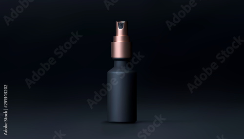 Elegant cosmetic spray for skin care on black background. Realistic vector 3d black and gold matte cosmetic spray mock up. Beautiful cosmetic template for ads. Makeup products brand.