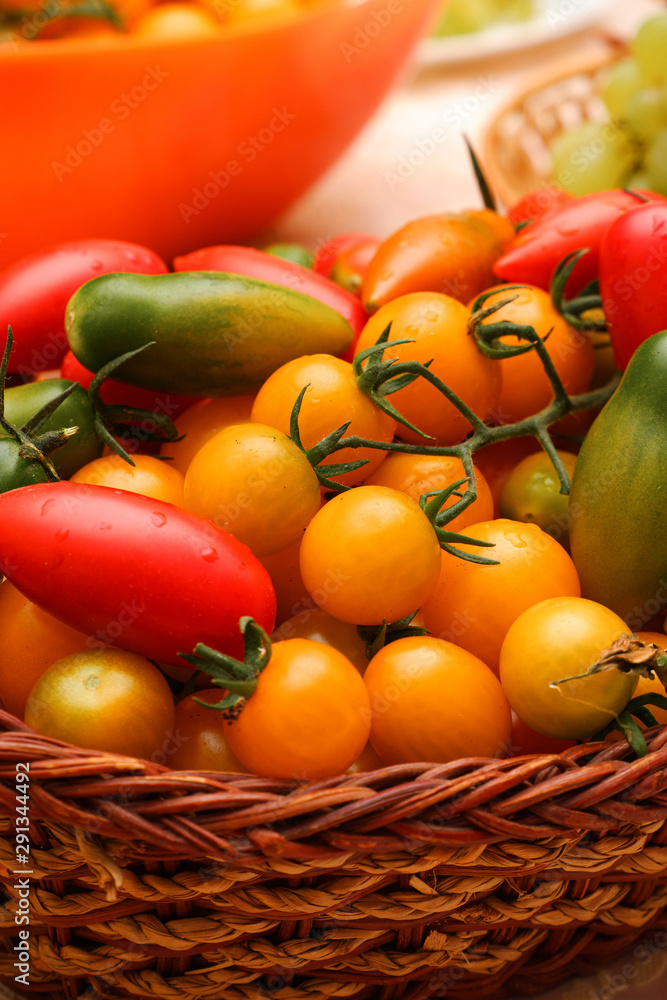 Mix tomatoes in summer day. Composition of variety fresh tomatoes. Mix tomatoes in summer day. Composition of variety fresh tomatoes.