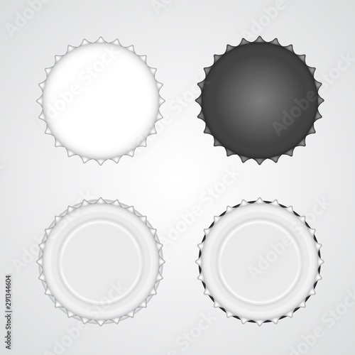 Bottle cap vector set. Metallic lids for soda, beer, glass containers for beverages isolated on white. Close-up top view realistic black and white lids with copy cpace for branding, creative logo.