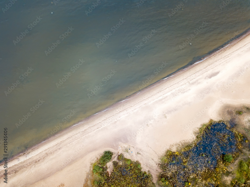 drone View on the sandy seashore. Gulf of Finland, Petersburg, Russia - obrazy, fototapety, plakaty 
