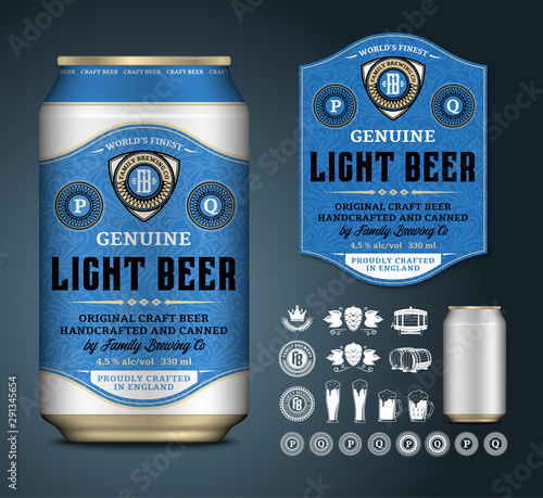Vector beer label. Aluminium can mockup. Beer icons, badges, insignia