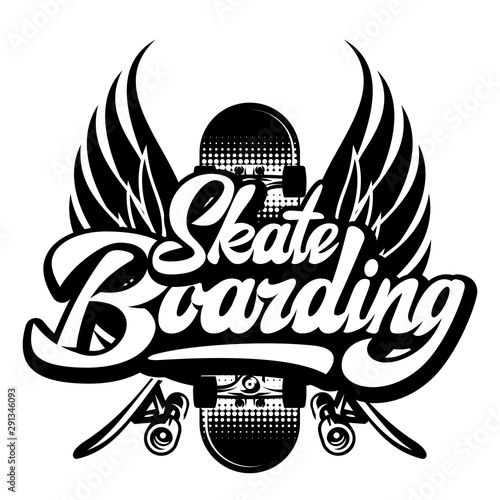Stylish monochrome vector illustration on skateboarding theme with calligraphic inscription