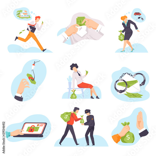 Characters breaking the law and stealing money vector illustration isolated on white background.