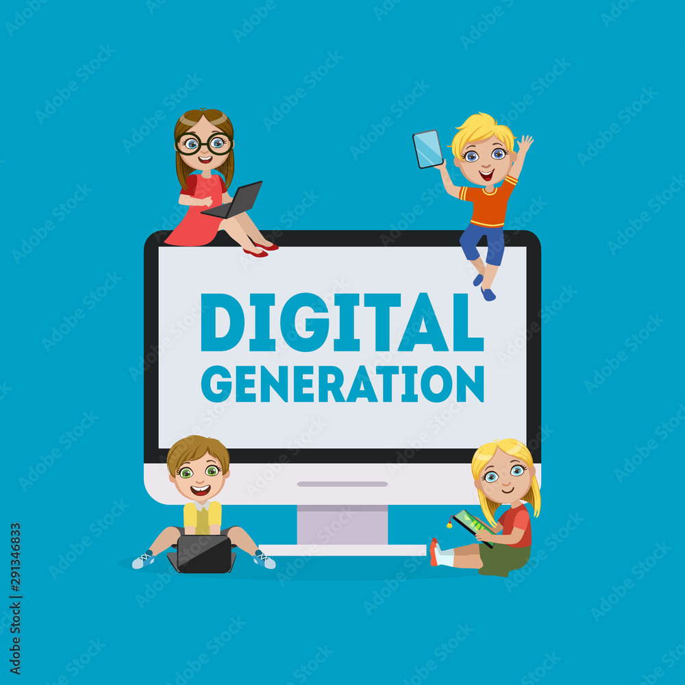 Digital Generation Banner, Kids Playing Games, Learning, Communicating with Tablet, Laptop, Smartphone Vector Illustration Digital Generation Banner, Kids Playing Games, Learning, Communicating with Tablet, Laptop, Smartphone Vector Illustration