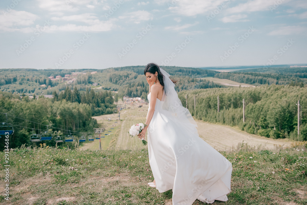 Young beautiful bride in white wedding dress posing on a hill at nature.