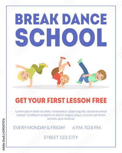Break Dance School Banner Template, Get Your First Lesson Free, Element Can Be Used for Poster, Flyer, Poster Vector Illustration