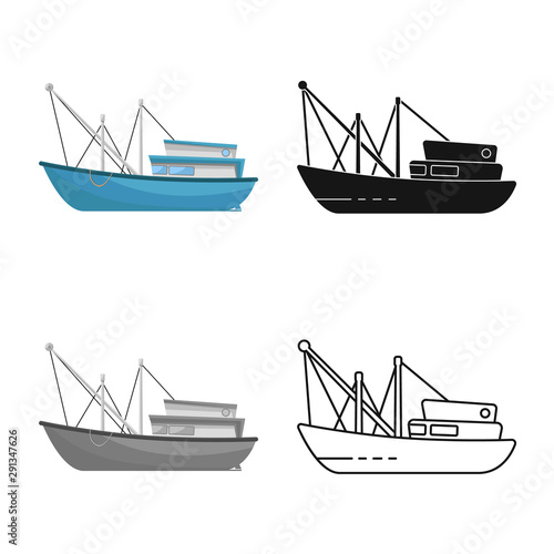 Isolated object of trawler and fishery logo. Set of trawler and ocean stock vector illustration.