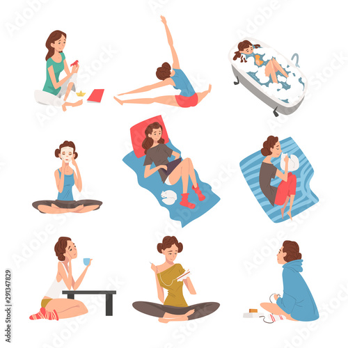 Women Daily Activities Set, Girl Playing Video Games, Doing Sports, , Knitting, Playing Solitaire, Caring for Herself, Using Laptop, Embroidering, Dreaming Vector Illustration