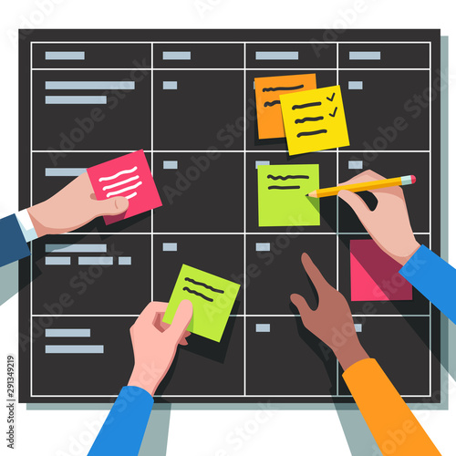 Closeup of business people team hands writing task