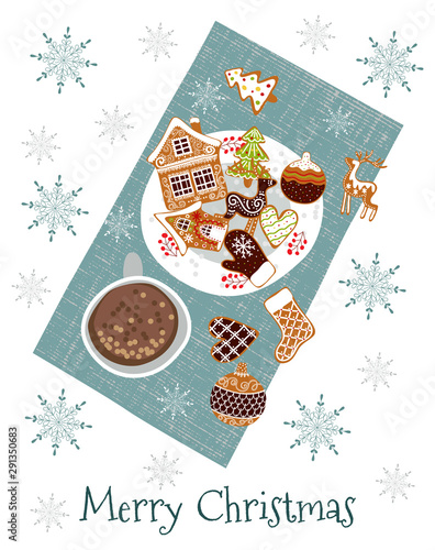 Merry christmas . Cute vector illustration of a napkin with a cup of cocoa and gingerbread . Freehand drawing, Top view