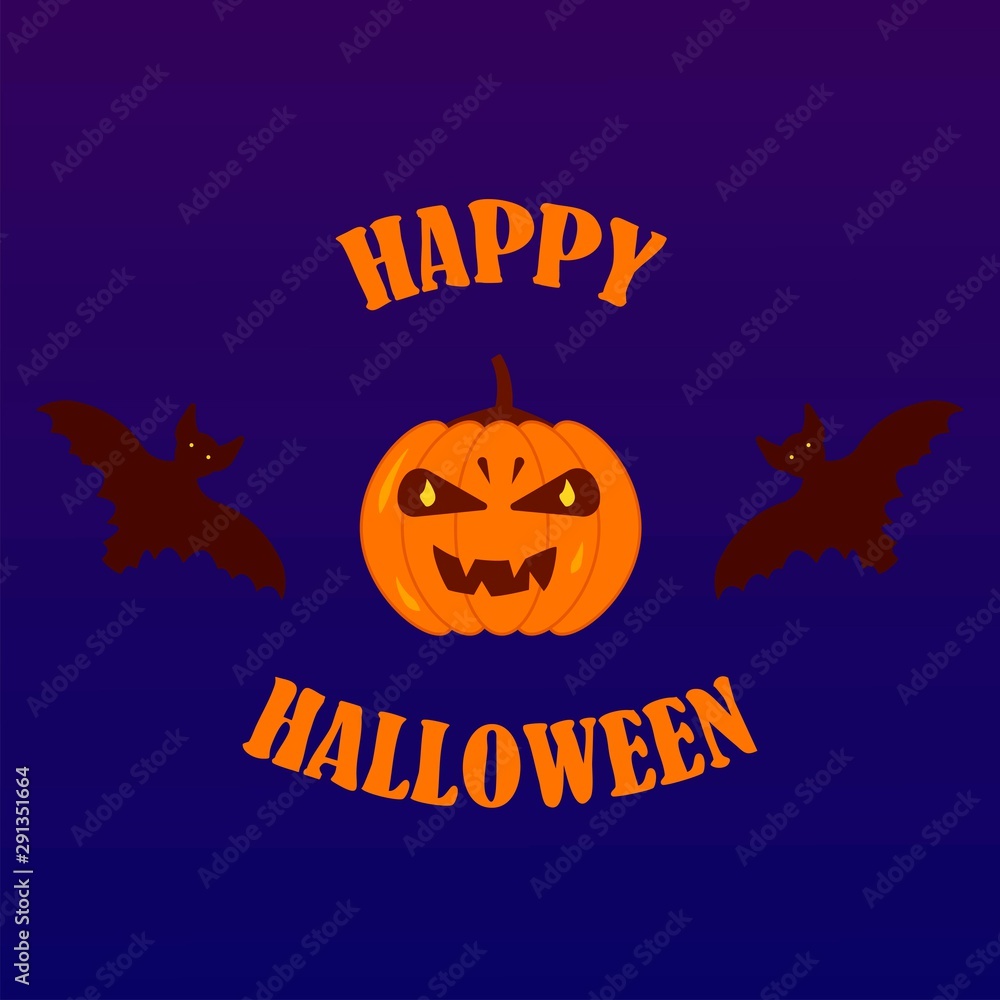 Autumn orange pumpkin Jack with sinister smile, bats and inscription Happy Halloween. Holiday flat illustration on a blue background vector