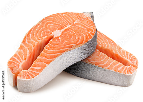 salmon, trout, steak, slice of fresh raw fish, isolated on white background, clipping path, full depth of field
