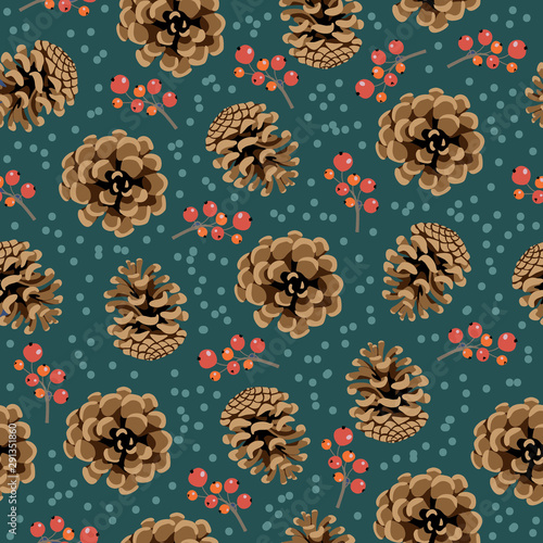 Christmas and Happy New Year seamless pattern. Endless cartoon vector with pinecone and berries.