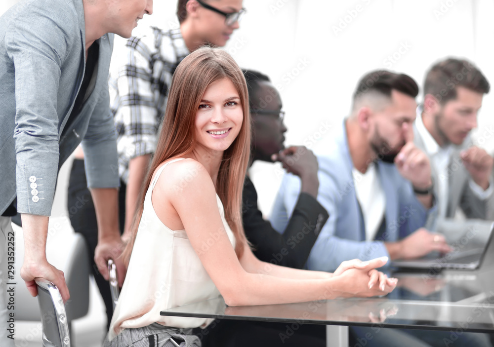 Businesspeople with digital computer having meeting In office Businesspeople with digital computer having meeting In office