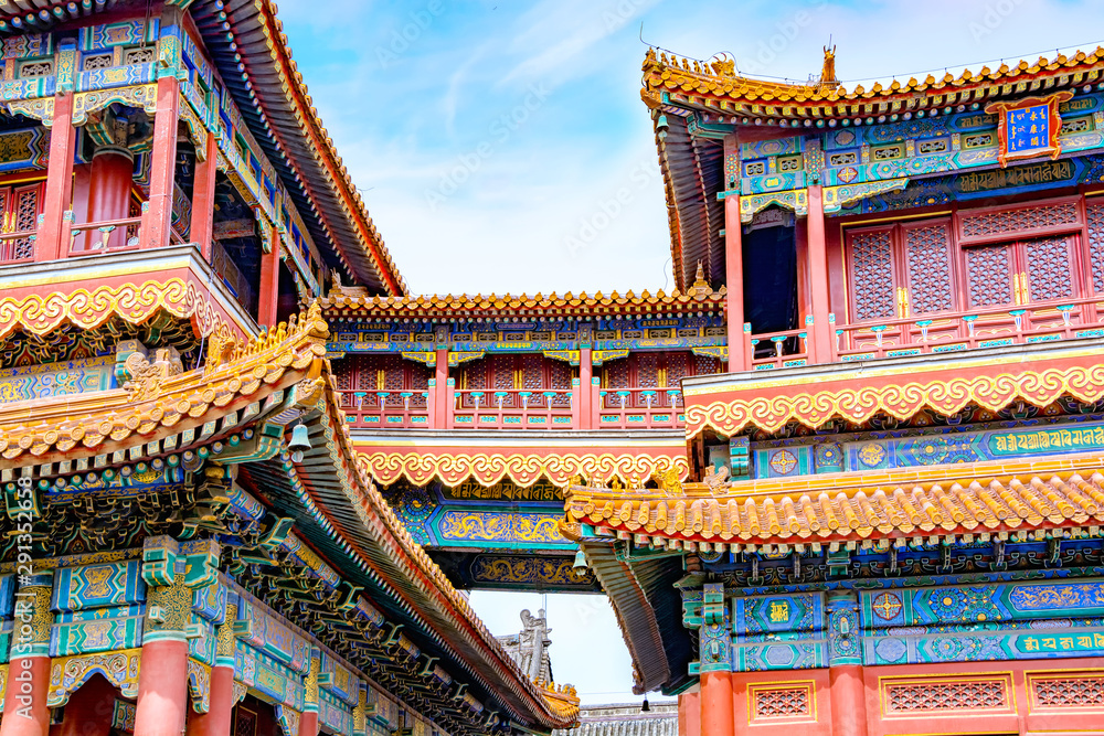 Bridge between two pavilions of Lama temple (Yonghegong) in Beijing, China. It is one of the largest Tibetan Buddhist monasteries in the world Bridge between two pavilions of Lama temple (Yonghegong) in Beijing, China. It is one of the largest Tibetan Buddhist monasteries in the world