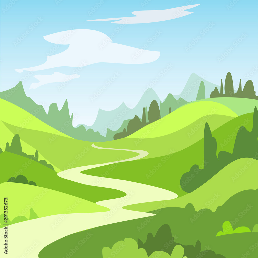 Cartoon landscape with green fields, trees. Beautiful rural nature ...