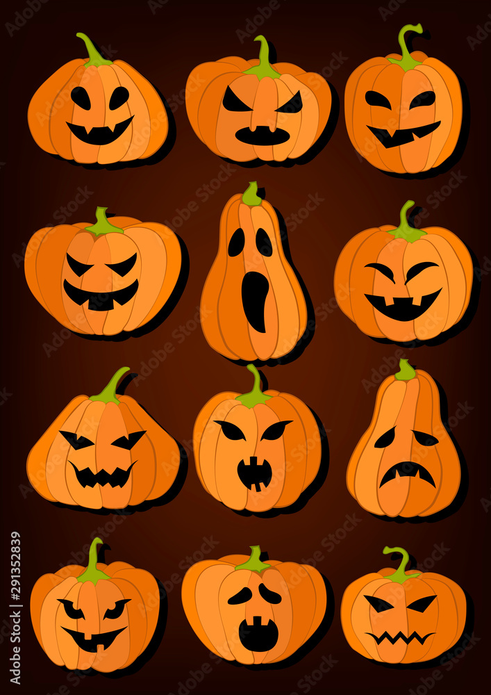 Set of halloween pumpkins of different shapes with scary faces. Vector illustration. Set of halloween pumpkins of different shapes with scary faces. Vector illustration.