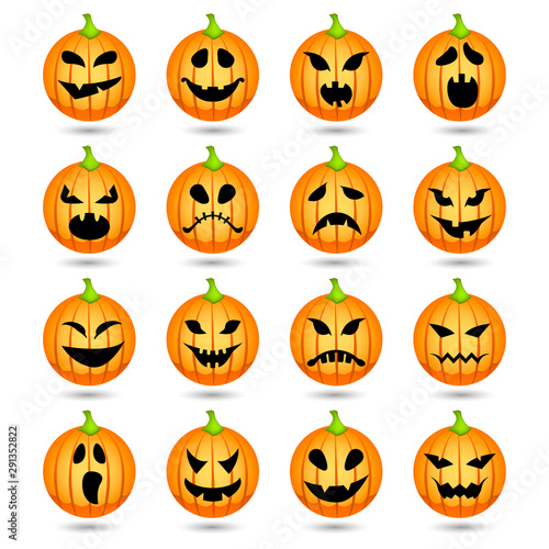 Set of Halloween pumpkin icons with different emotions. Pumpkins with scary faces. Vector illustration.