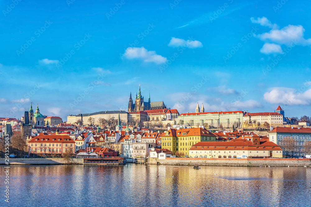 Obraz premium Panorama of Prague historical center - Hradcany with Castle St. Vitus Cathedral and Vltava river, Prague, Czech Republic