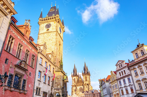 Astronomical Clock Tower and the Tyn Church on the Old Town Square in Prague, Czech Republic