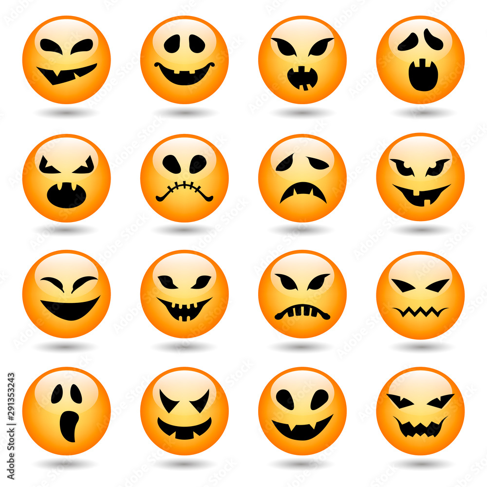 Obraz premium Set of Halloween pumpkin round icons with different emotions. Scary faces. Vector illustration.