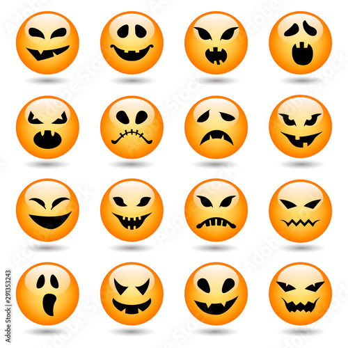 Set of Halloween pumpkin round icons with different emotions. Scary faces. Vector illustration.