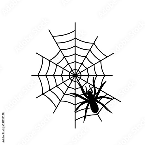Spider and spider black silhouette icon for halloween decoration. Spider net or cobweb vector illustration.